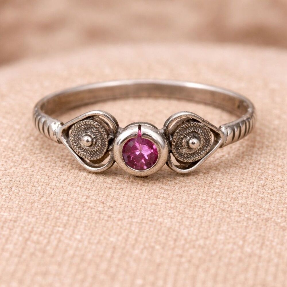 Vintage Arctic Silver Pink Tourmaline Ring .925 Sterling Silver Sz 9 Boho
